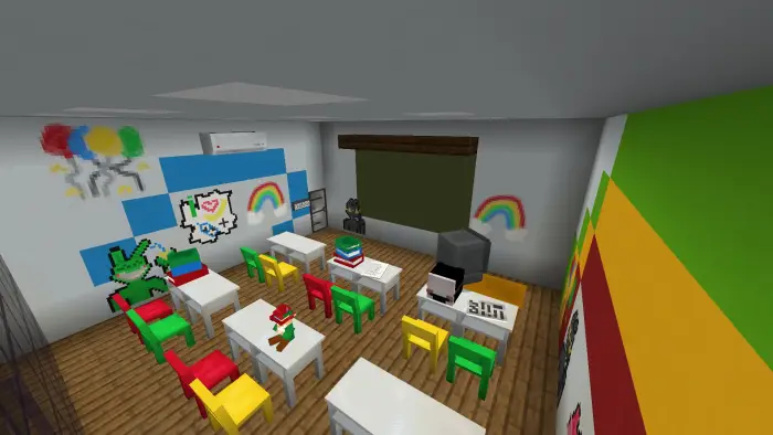 Colorful classroom with pixel art and rainbows
