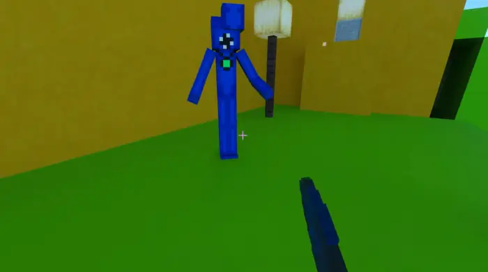 Blue creature stands near daycare building