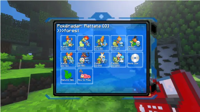 Pok&eacute;mon selection menu with forest background