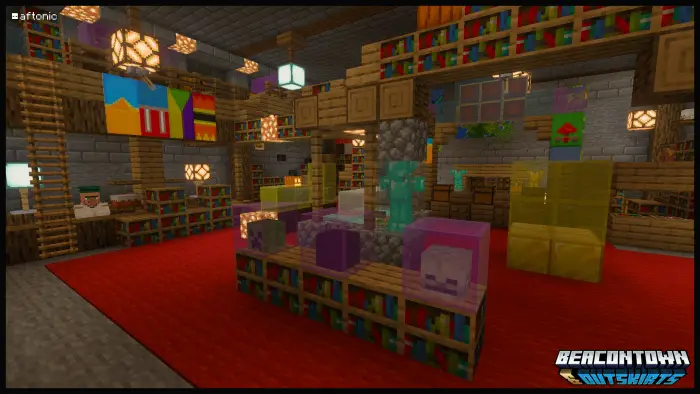 Colorful library room with armor and display heads.