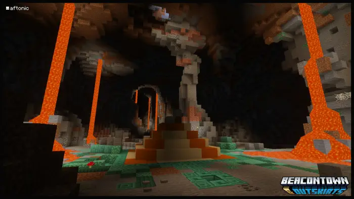 Underground cavern with lava flows and ruins