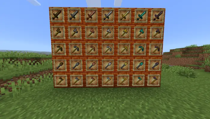 Grid of swords and pickaxes in item frames.