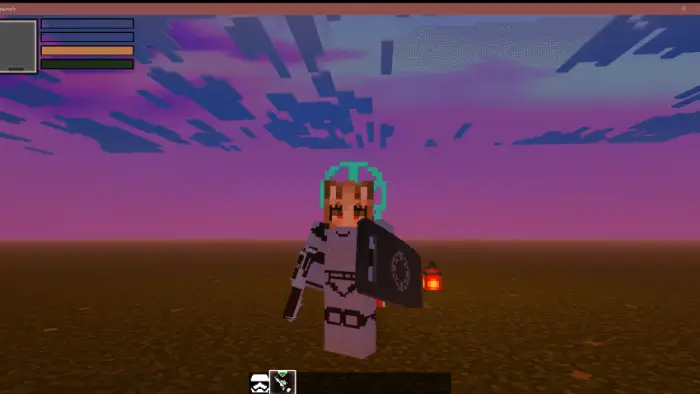 Blocky character in Star Wars armor at sunset