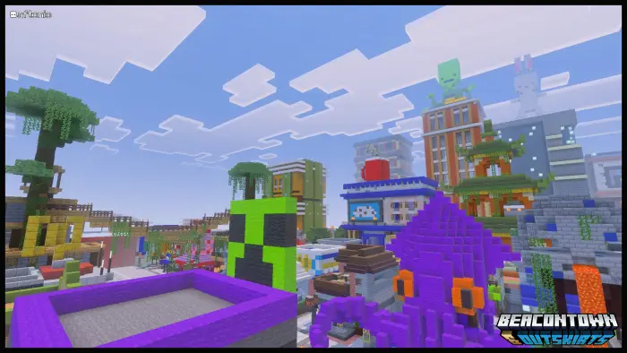 Colorful blocky town with statues and towers