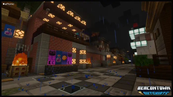 Brick street with posters and lanterns at night