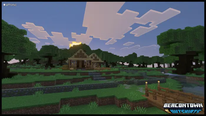 Rustic house near forest at sunset