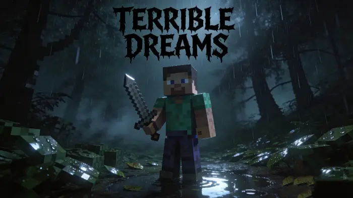 Blocky character holds sword in dark forest.