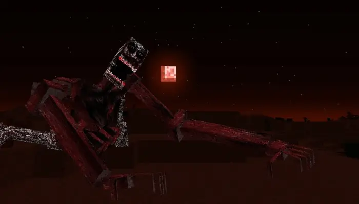 Giant hostile creature under a red sky