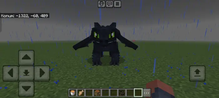 Blocky black dragon in rainy open field