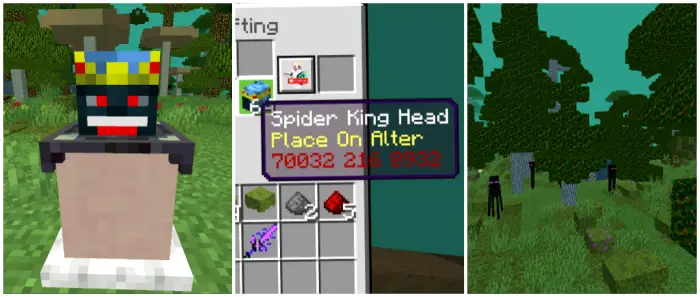 1. Crowned monster head on pedestal 2. Inventory showing Spider King Head 3. Dark forest with tall shadowy mobs