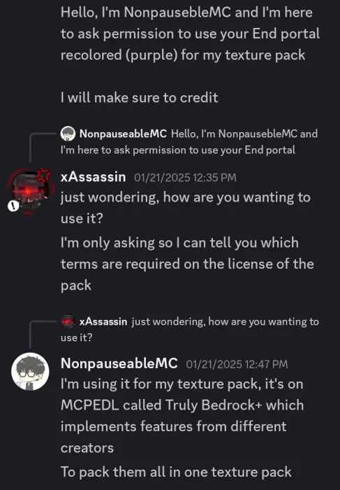 Discord chat about using a texture pack feature