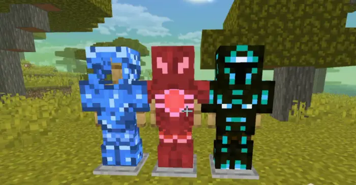 Three colorful armored mannequins outdoors