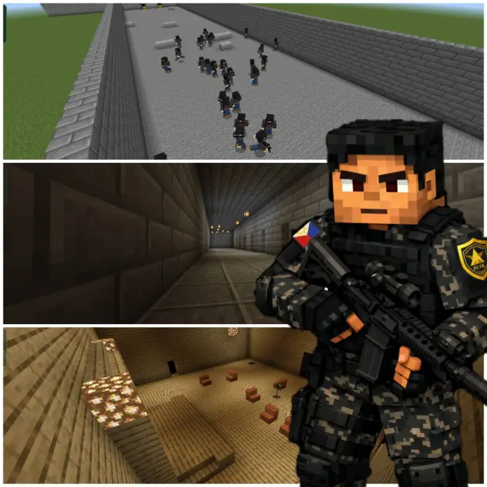 1. Blocky police figures in a prison yard 2. Dark stone hallway with lights 3. Wooden-floored room with crates and stairs 4.