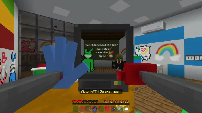 First-person view in a colorful, cartoon classroom