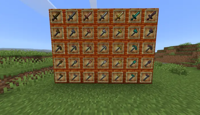 Wall display of mineral-based tools and swords.