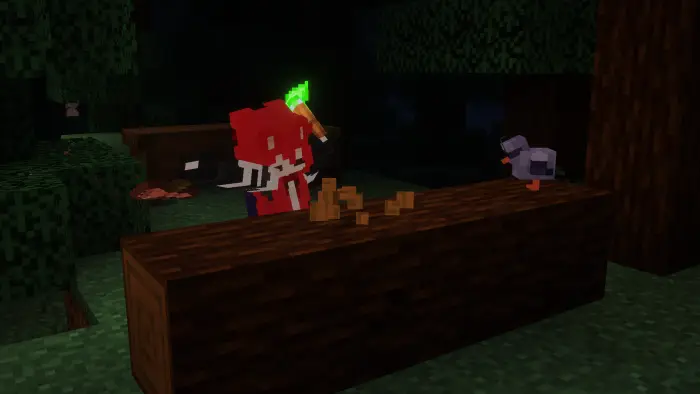 Character with torch breaking blocks at night