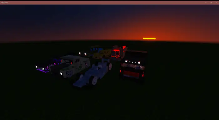 Blocky toy cars with mob-themed designs at sunset