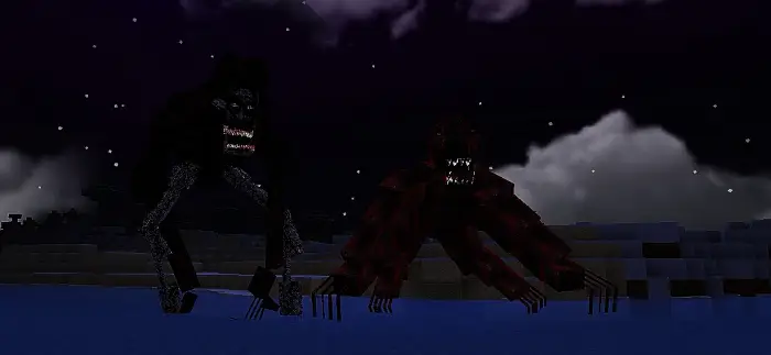 Two monstrous crocodile creatures at night.