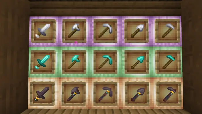 Colorful item frames displaying PvP tools
