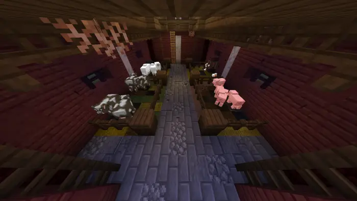 Glowing farm animals in a dimly lit barn