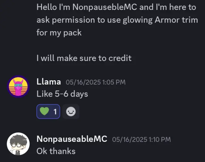Discord chat about texture pack permission