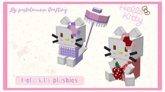 Two cute blocky Hello Kitty plushies displayed
