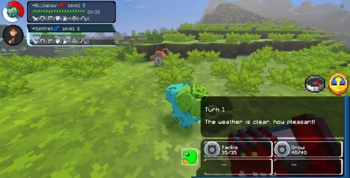 Blocky Pok&eacute;mon battle with move selection menu