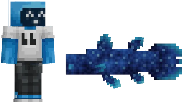 Pixel character and blue ancient fish mob