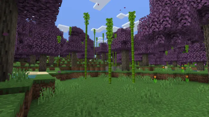 Purple forest biome with bamboo and flowers