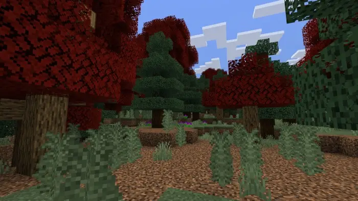 Red-leaved forest biome with dense foliage