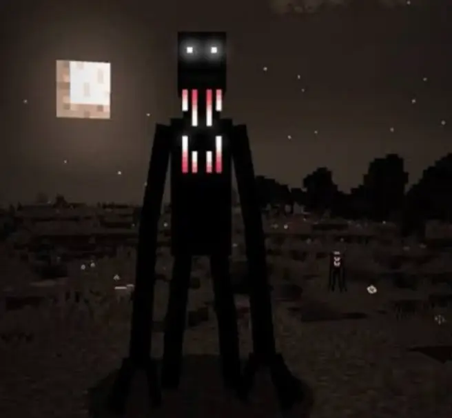 Tall, eerie mob with glowing eyes at night.