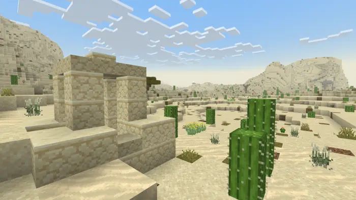 Desert biome with sandstone ruins and cacti