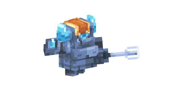 Pixelated armored character with blue highlights