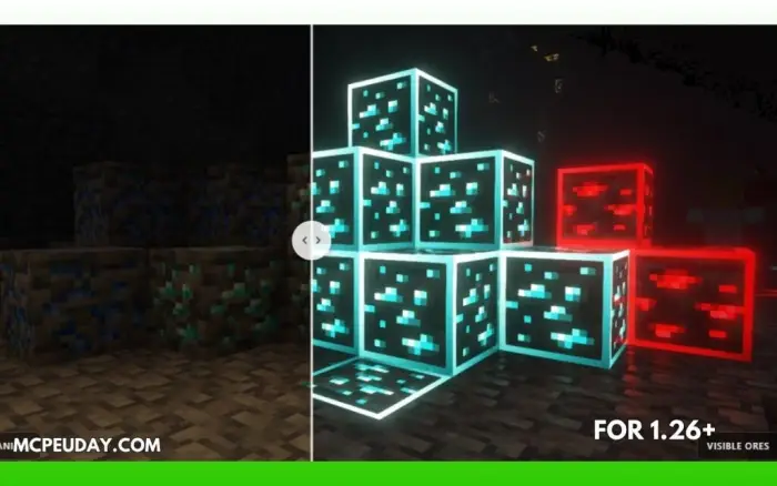 Before and after ores with glowing outlines