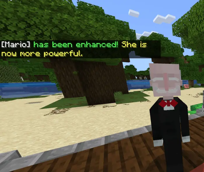 Blocky companion NPC on a beach, upgrade text