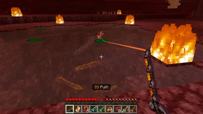 Player fishing in a fiery cave pond