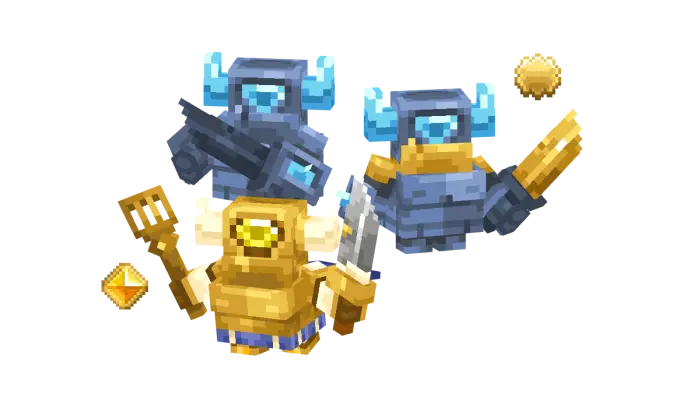 Pixelated armored golems with weapons and items