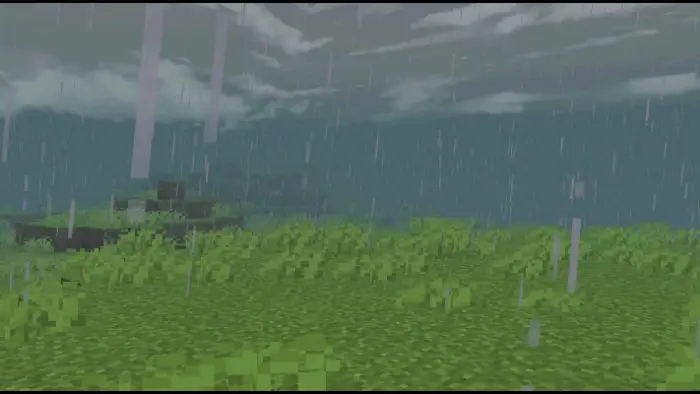 Rain falling over grassy pixelated terrain