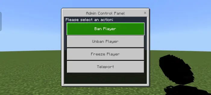 Admin panel with ban, unban, freeze options