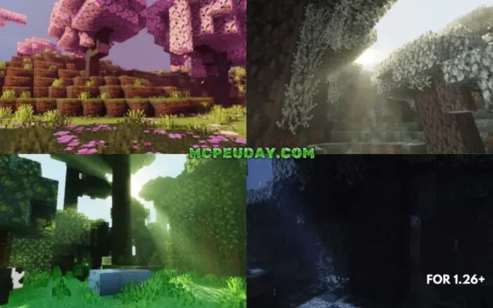 1. Pink trees with enhanced lighting 2. Sun rays through dense foliage 3. Lush forest with bright sunlight 4. Dark cave with