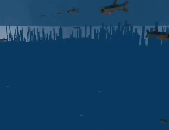 Pixelated sardine fish swimming underwater.