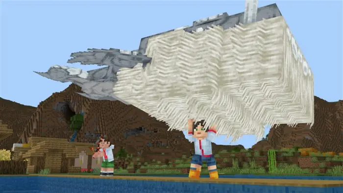 Two players fishing, one holding a giant fish