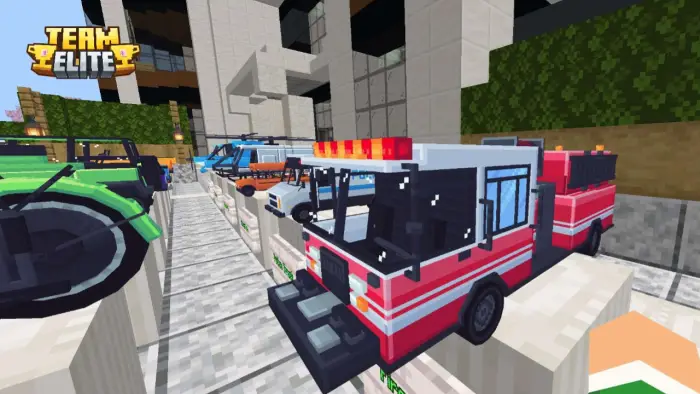 Row of blocky emergency vehicles on display.