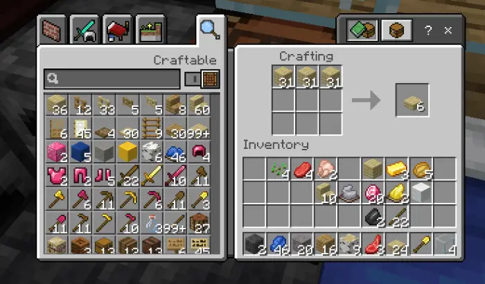 Crafting menu with recoloured items visible.