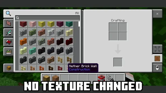 Inventory menu with No Texture Changed text