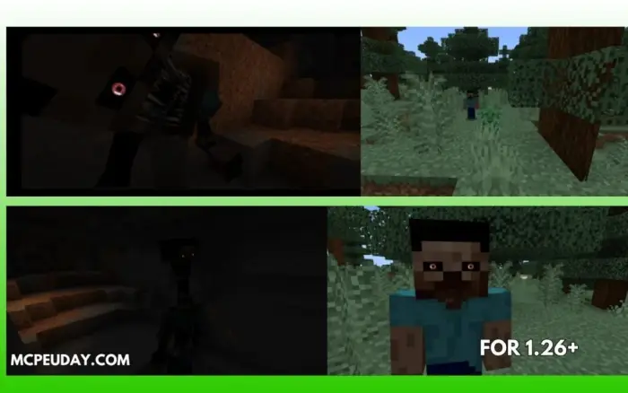 Top left Creepy entity in cave darkness Top right Figure lurking in forest Bottom left Shadowy figure in dim cave Bottom righ