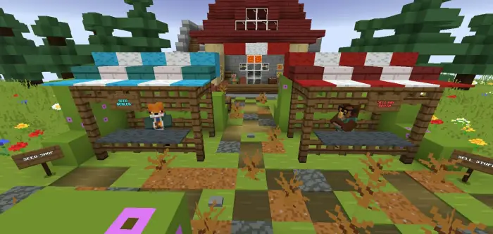 Two colorful market stalls in a farm map