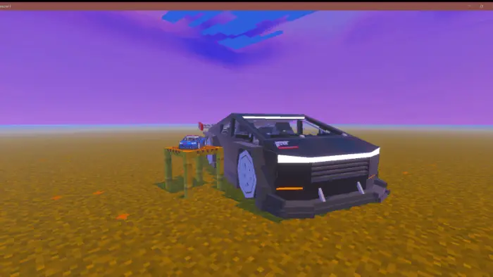 Blocky cyber truck mod on open terrain