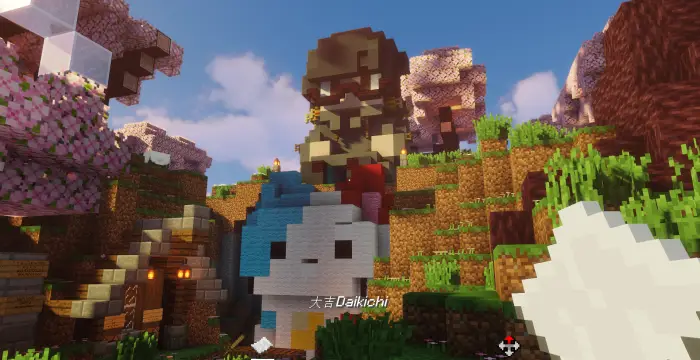 Pixel art statues and cherry blossom trees