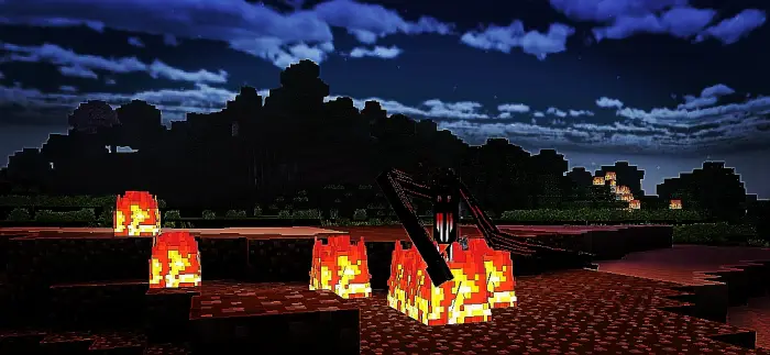 Hostile mob stands among burning blocks.